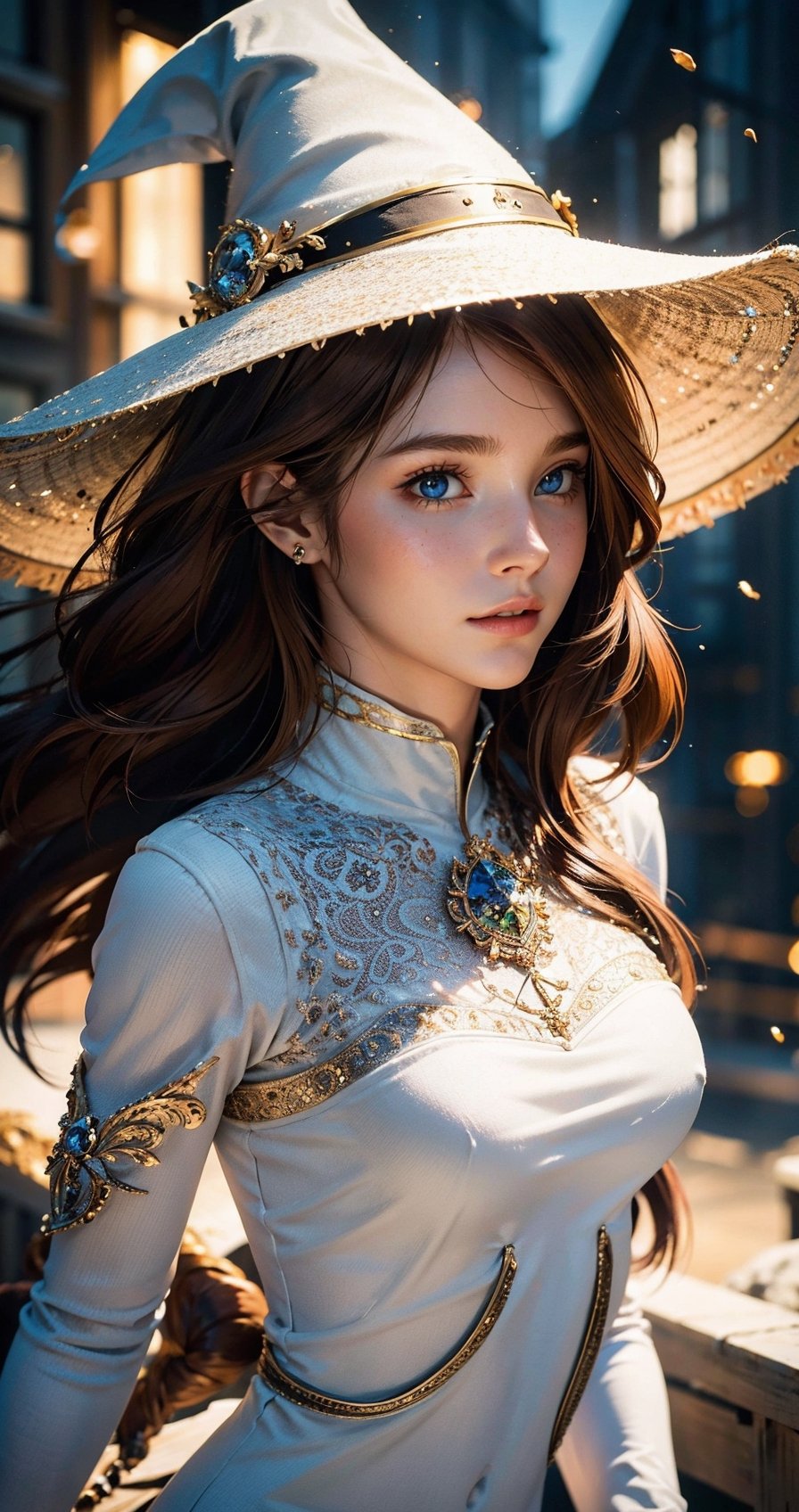photorealistic, 35mm, intricate details, hdr, intricate details, hyperdetailed, natural skin texture, hyperrealism, sharp, 1 girl, (Emma Watson), adult (elven:0.7) woman, freckles, grey eyes, chestnut layered hair, portrait, looking down, solo, half shot, detailed background, witch hat, witch, magical atmosphere, hair flowing in the wind, white see through spandex bodysuit, sexy, thigh gap, whirlwind of swirling magic spell in the air, dark magic, (style-swirlmagic:0.8), floating particles