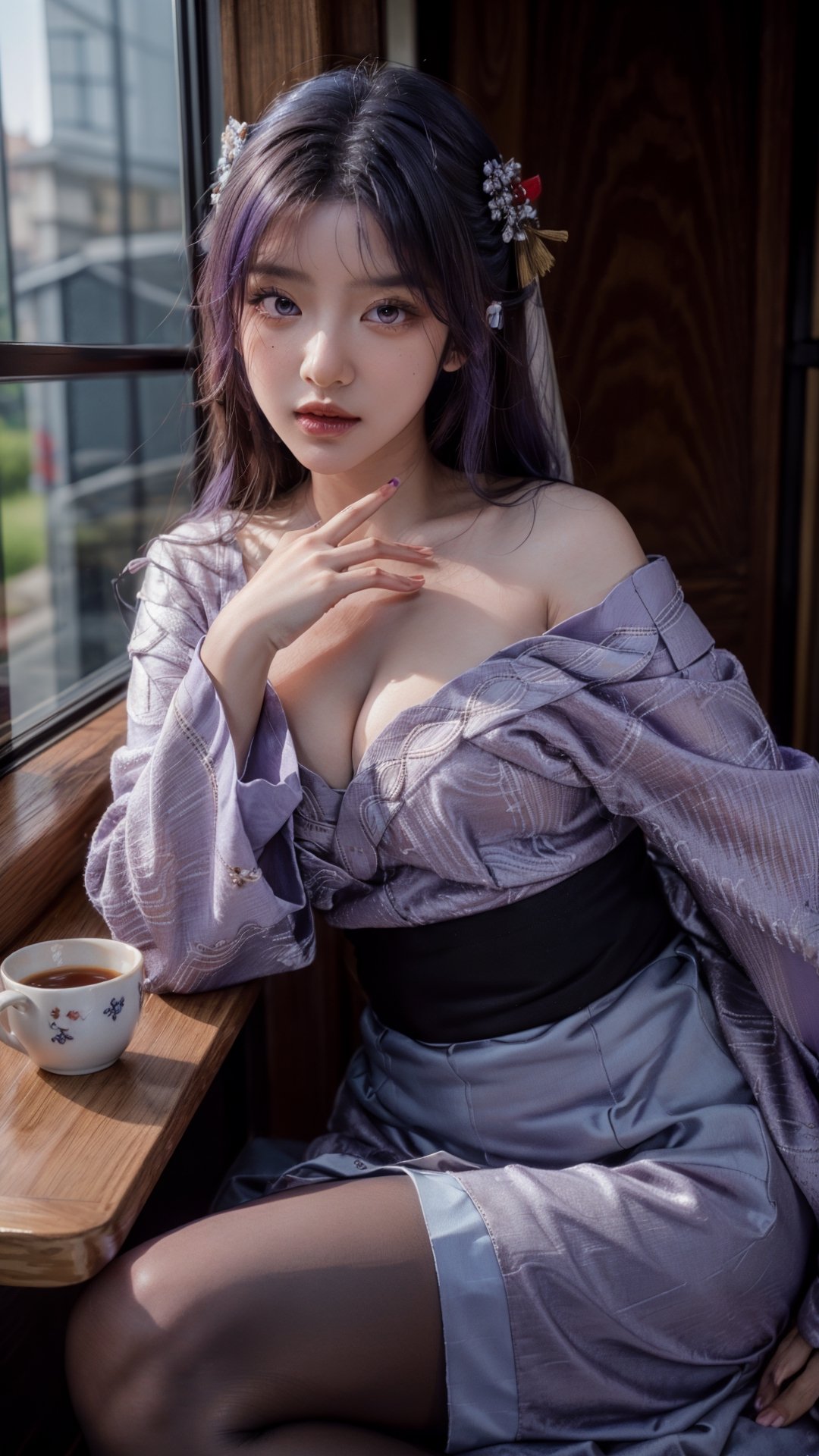 masterpiece, best quality, detailed Face, 1girl, (ulzzang-6500:0.75), Large breasts, solo, Sexy Cleavage, kimono, bangs, sash, mole, obi, tassel, blush, (purple eyes), japanese clothes, long hair, looking at viewer, (hair ornament), purple hair, ((bridal gauntlets)), closed mouth, photogenic, (purple kimono), blue hair, mole under eye, shoulder armor, (long sleeves), (wide sleeves), mitsudomoe (shape), tomoe (symbol), (Cropped Leg Shot), Sexy Thick Legs, Pantyhose, (Perfectly Drawn Hands), (Close up Portrait), photorealistic,ultra detailed, indoor, side window, table,zyozyo,ti4r4,raidenshogundef