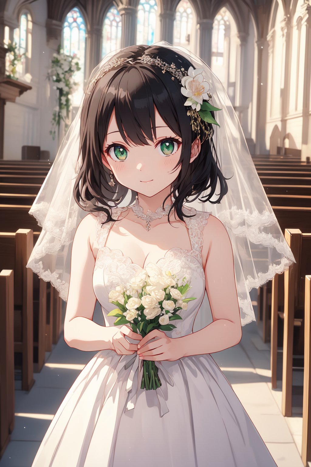 Masterpiece, highest quality, high brightness, 1 girl, black hair, green eyes, hair ornament, chibi, cute, in church, holding flower, wedding dress, wedding viel closed