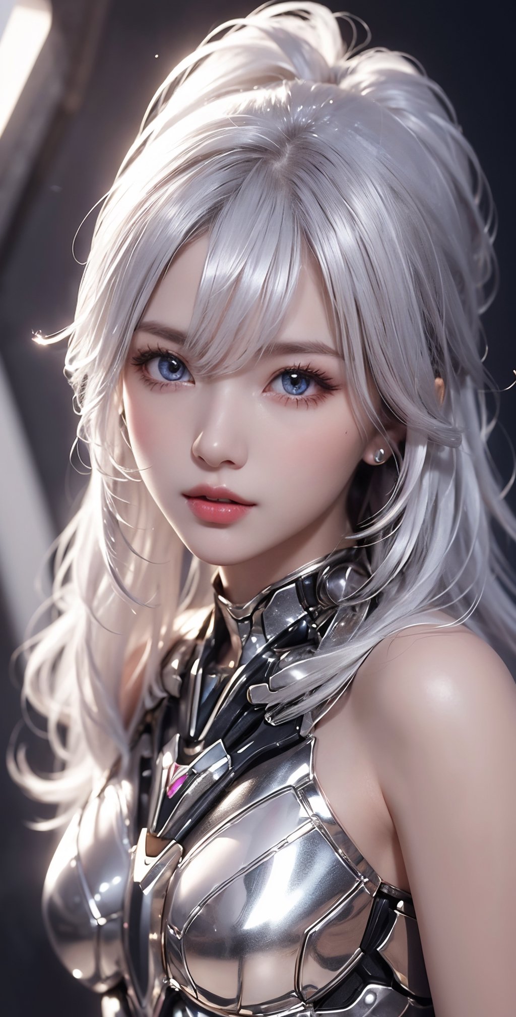 (WHITE PORTRAIT) (WHite hair girl) masterpiece , best quality , ultra detailed , "detailed background" , perfect shading , high contrast , best illumination , extremely detailed , ray tracing , realistic lighting effects , (beautiful detailed face , beautiful detailed symmetrical eyes:1.5) , one woman , full lips , light smile , longt-hair , long_white-silver_hair, (shiny__only_silver_ornates and anccessories) , best lighting , full_length_portrait , beautiful white_marble_wall background , depth_of_field,midjourney,glitter,shiny,mecha, full body shot, (body:1.2), nude