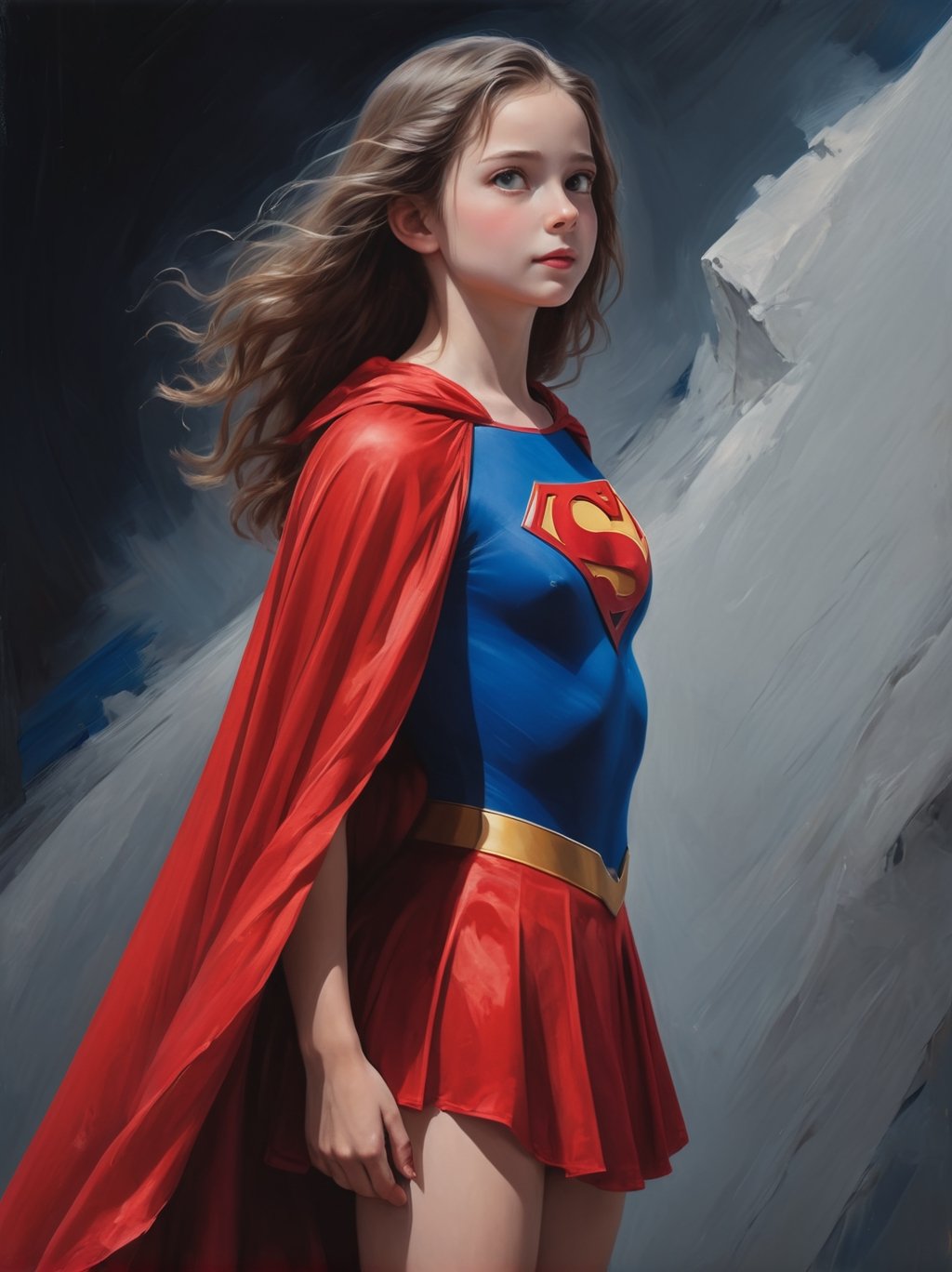 preteen girl in superman outfit, red mini-skirt, red cape, blue leotard,Seductive presence, low_key backdrop, carefree hair falling over her shoulders, framing her face with a morbid air,perfect face, ((half_profile)), realistic proportions, realism oil painting