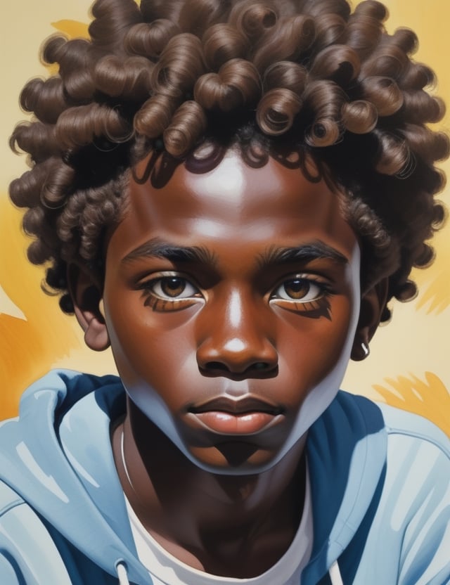 Craft a captivating gouache artwork, portraying a 15-year-old African boy with dark skin and curly hair. The focus is on a close-up of his face. Utilize the opaque and vibrant nature of gouache to intricately capture every nuance. Create a superior gouache art piece that vividly showcases the unique features of his appearance.

