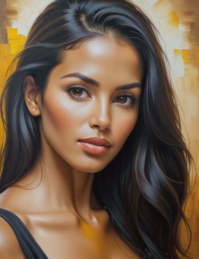 Create a captivating oil painting, portraying a 30-year-old Spanish woman with caramel skin and long, straight black hair. The focus is on a close-up of her face, with a frontal view. Utilize the rich and textured strokes of oil paint to intricately capture every nuance. Craft a superior oil painting that vividly showcases the unique features of her appearance.

