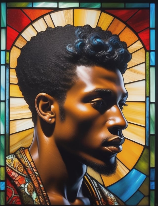 "Craft a radiant glass painting portraying a 20-year-old African man. Highlight the luminous details of his dark black complexion, full lips, short and typical African hairstyle, and the crown on his head. Emphasize the absence of a shirt to showcase his strong muscles. Create a close-up with extreme detailing in the glass painting style. Draw inspiration from artists like Marc Chagall, Tiffany Studios, and Cinta Vidal, known for their ability to blend vibrant details and create expressive works in the style of stained glass."

