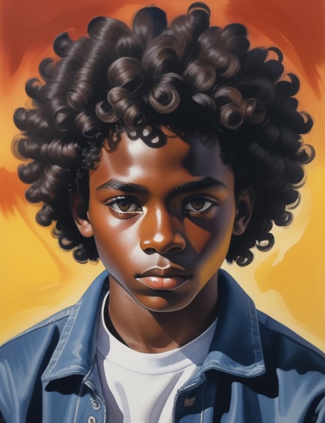 Craft a captivating gouache artwork, portraying a 15-year-old African boy with dark skin and curly hair. The focus is on a close-up of his face. Utilize the opaque and vibrant nature of gouache to intricately capture every nuance. Create a superior gouache art piece that vividly showcases the unique features of his appearance.

