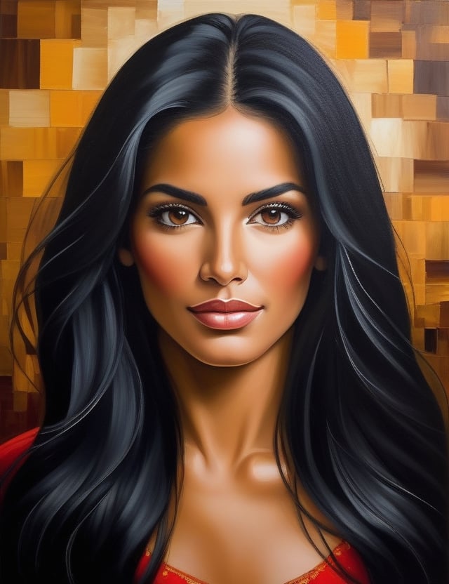 Create a captivating oil painting, portraying a 30-year-old Spanish woman with caramel skin and long, straight black hair. The focus is on a close-up of her face, with a frontal view. Utilize the rich and textured strokes of oil paint to intricately capture every nuance. Craft a superior oil painting that vividly showcases the unique features of her appearance.

