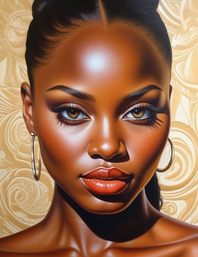 Create an exquisite oil painting featuring a beautiful African woman. Emphasize the richness of her ebony skin, using intricate brushwork to capture its depth. Highlight her voluptuous figure, with a focus on generously proportioned breasts and full, luscious lips. Depict her long, smooth, blonde hair with meticulous attention to detail. Dress her in stylish workout attire, showcasing the interplay of light and shadows on the fabric. Provide a close-up of her face, bringing out the expressive details of her eyes, nose, and lips. The oil painting should exude a sense of elegance and beauty, blending realism with artistic flair.

