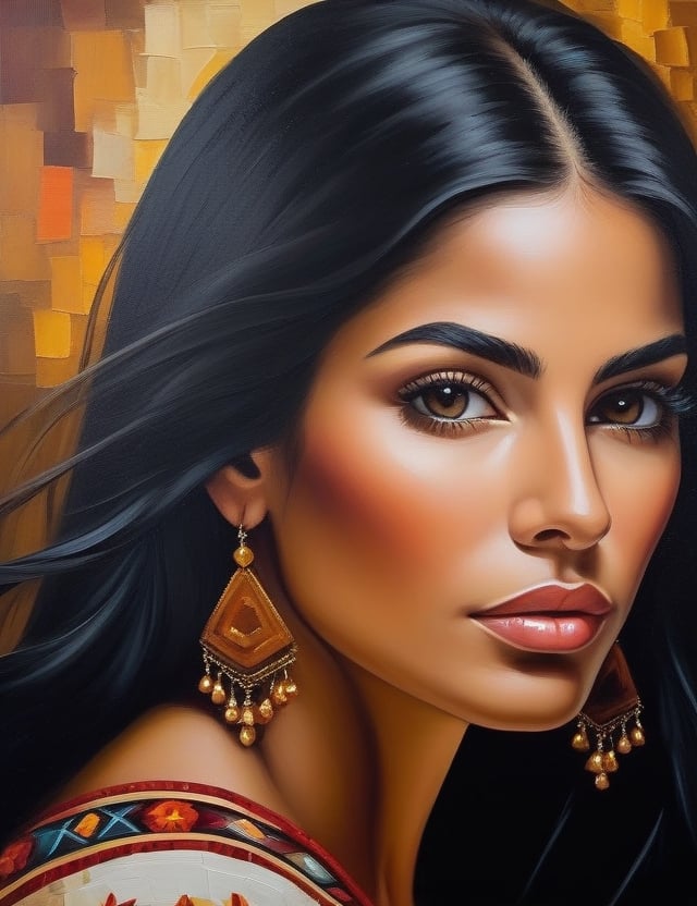 Create a captivating oil painting, portraying a 30-year-old Spanish woman with caramel skin and long, straight black hair. The focus is on a close-up of her face, with a frontal view. Utilize the rich and textured strokes of oil paint to intricately capture every nuance. Craft a superior oil painting that vividly showcases the unique features of her appearance.

