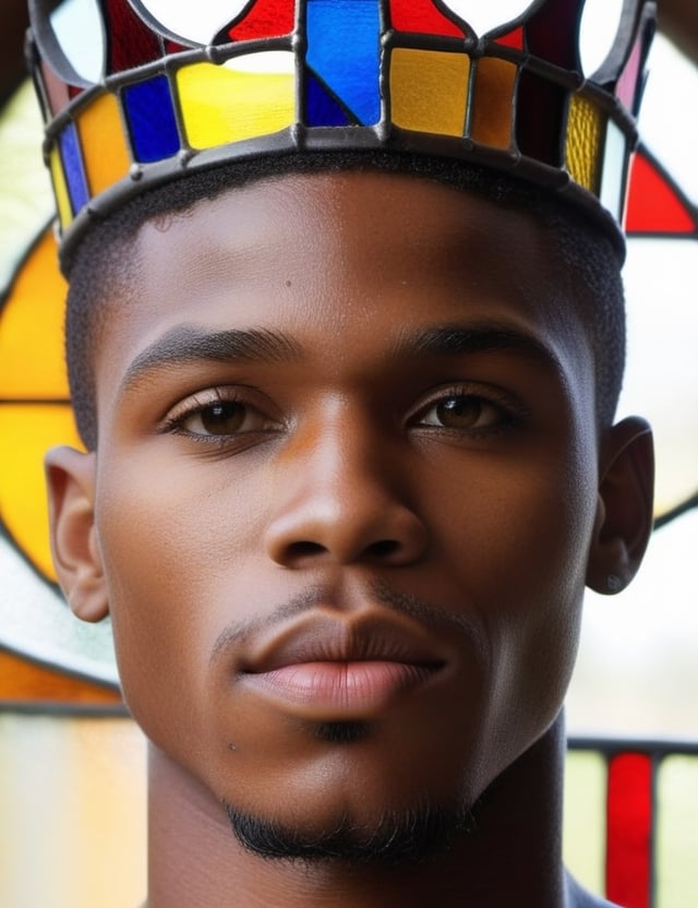 Create a vivid stained glass artwork capturing a 20-year-old African man. Focus on his ebony skin tone, accentuating the richness and depth. Emphasize his full, luscious lips and short, traditional African hairstyle. The artwork should showcase intricate details of a crown adorning his head, symbolizing strength and heritage. Zoom in on a close-up of his face, highlighting the strong facial features. Convey the essence of muscular strength with the absence of a shirt, portraying his robust physique. The stained glass should meticulously portray the play of light and shadow, capturing the essence of this powerful and regal African figure.

