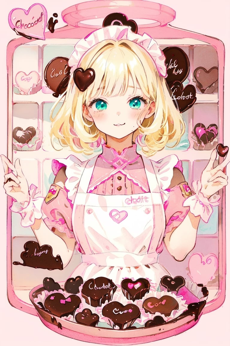1 teenage girl, blonde hair, ((selling chocolate for boyfriend at chocolate shop)), Pink patent leather maid, pink dress,white thighhighs,white apron,cross-laced clothes, masterpiece, best quality, looking at viewer, vintage fantasy, watercolor, warm pastel colour tone, colourpencil style, ((half body)),kawaii face,kawaiitech