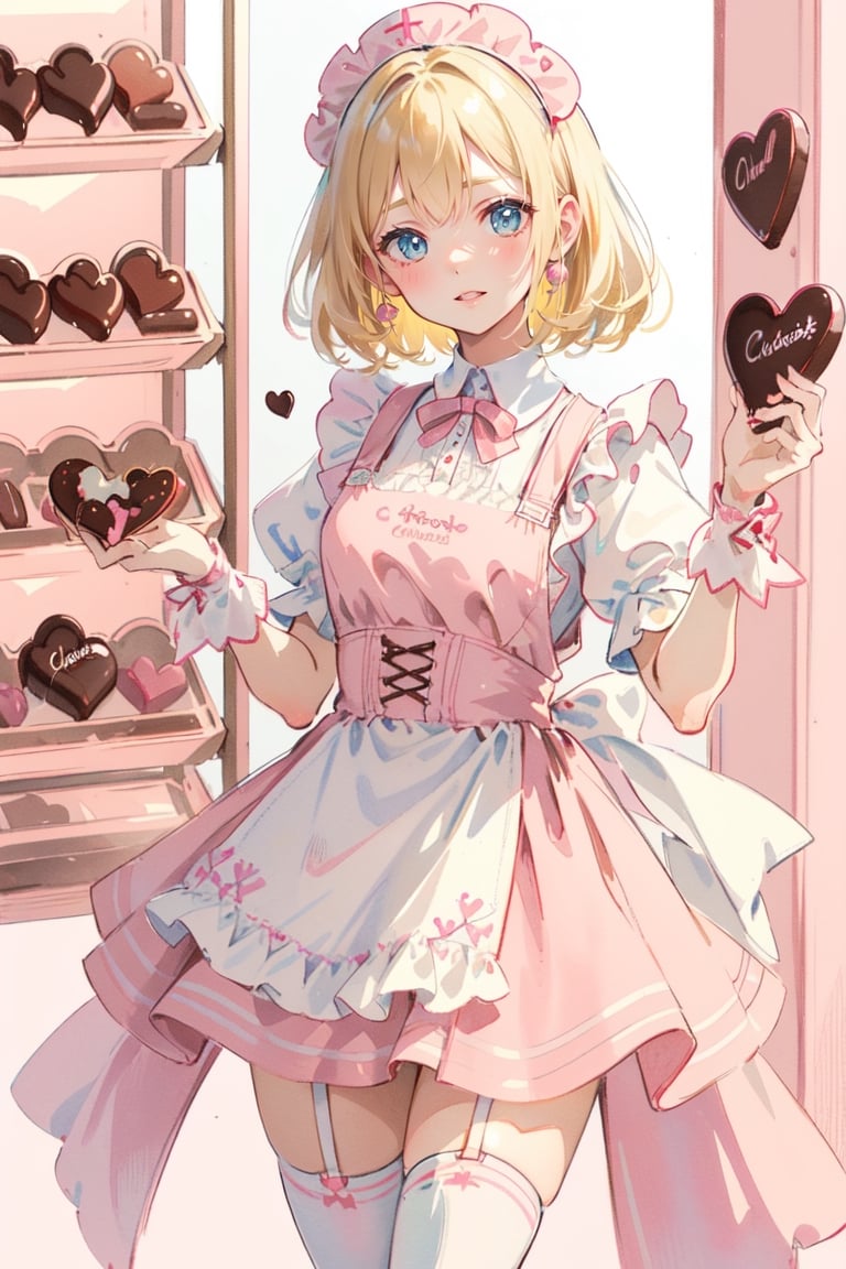 1girl, blonde hair, ((selling chocolate for boyfriend at chocolate shop)), Pink patent leather maid, pink dress,white thighhighs,white apron,cross-laced clothes, masterpiece, best quality, looking at viewer, vintage fantasy, watercolor, warm pastel colour tone, colourpencil style, ((half body)),kawaiitech