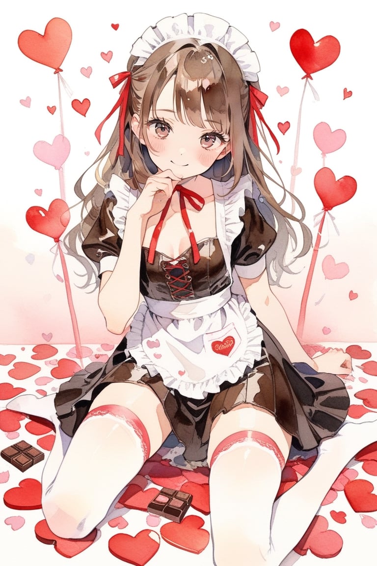 1girl, brown patent leather maid, brown dress,white thighhighs,white apron,cross-laced clothes, masterpiece, best quality, looking at viewer naked ribbon,wrapped up,happy valentine, Valentine Day, selling chocolate, kneeling 
masterpiece, best quality, aesthetic,watercolor \(medium\)