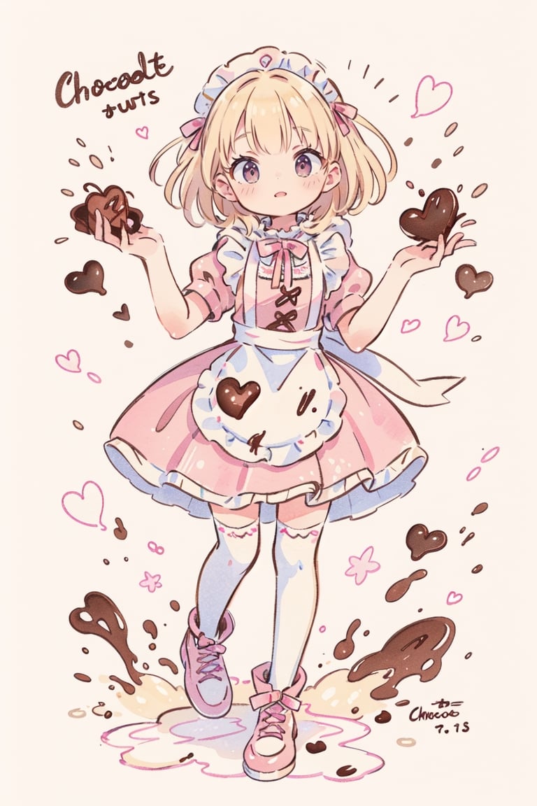 1girl, blonde hair, ((selling chocolate for boyfriend at chocolate shop)), Pink patent leather maid, pink dress,white thighhighs,white apron,cross-laced clothes, masterpiece, best quality, looking at viewer, vintage fantasy, watercolor, warm pastel colour tone, colourpencil style, ((half body)),kawaii face