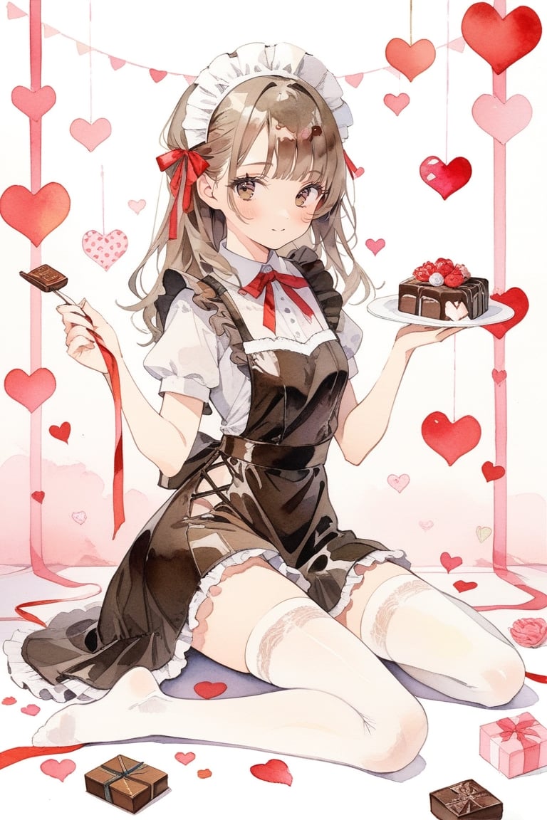 1girl, brown patent leather maid, brown dress,white thighhighs,white apron,cross-laced clothes, masterpiece, best quality, looking at viewer naked ribbon,wrapped up,happy valentine, Valentine Day, selling chocolate, kneeling 
masterpiece, best quality, aesthetic,watercolor \(medium\)