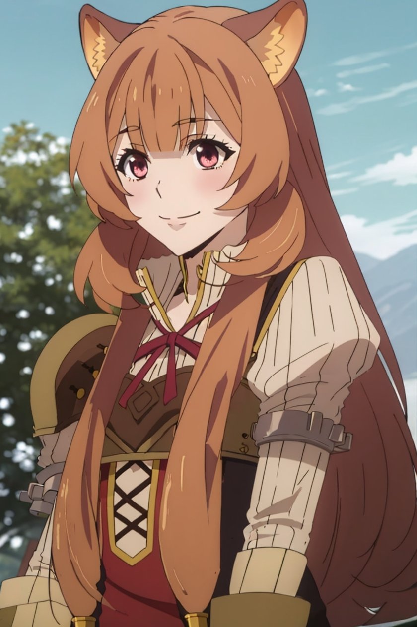 raphtalia,1girl, beautiful,perfect body, green eyes,perfect face, total body, perfect anatomy,masterpiece, animegirl , sharp focus,
nature background ,blushing,(Red cheeks), smile 

