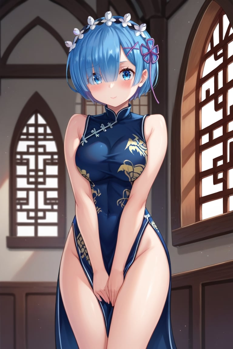score_9, score_8_up,score_7_up, score_6_up, score_5_up, score_4_up, ,score_9_up,

1girl, rem \(re_zero\), 1girl, blue eyes, blue hair,, medium breasts

(dress tug, shirt tug, covering privates, covering crotch, embarassed, v arms, hand between legs, no panties:1.0), , (bare legs:1.0),  (highleg dress, china dress:1.4)

, standing, mansion, indoors, medieval setting, window, complicated_background, detailed_background, 