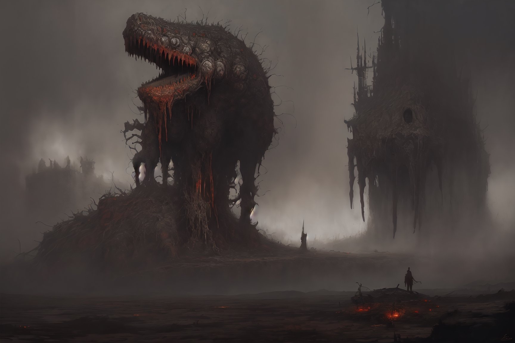 Painting made by Zdzislaw Beksinski, david and goliath, masterpiece, megalophobia, acid trip, perfect_loop, unsettling feel, oil painting on hardboard, dark sepia colors,fantasy00d