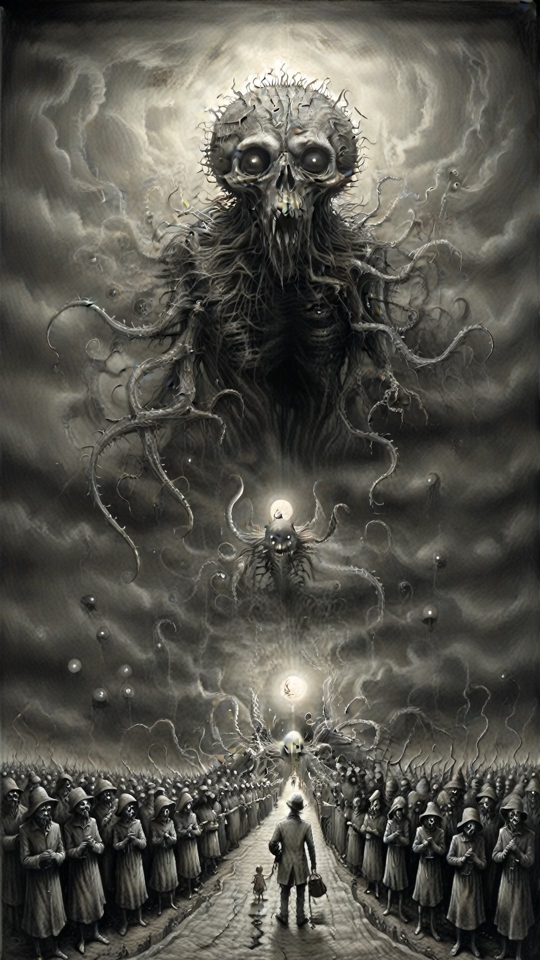 Painting made by John Kenn Mortensen, gift from hollow one, eldritch horror, landspace, masterpiece, megalophobia, acid trip, unsettling feel, pencil_drawing, photorealistic, John Kenn Mortensen,more detail XL,art by sargent,cinematic  moviemaker style