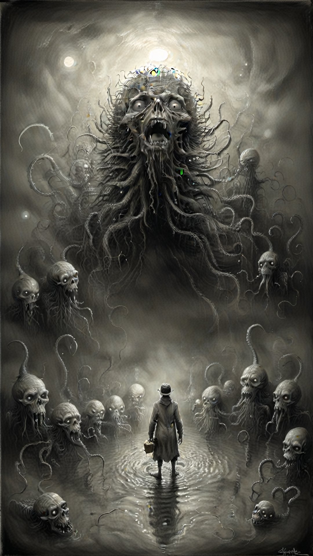 Painting made by John Kenn Mortensen, gift from hollow one, eldritch horror, landspace, masterpiece, megalophobia, acid trip, unsettling feel, pencil_drawing, photorealistic, John Kenn Mortensen,more detail XL,art by sargent,cinematic  moviemaker style