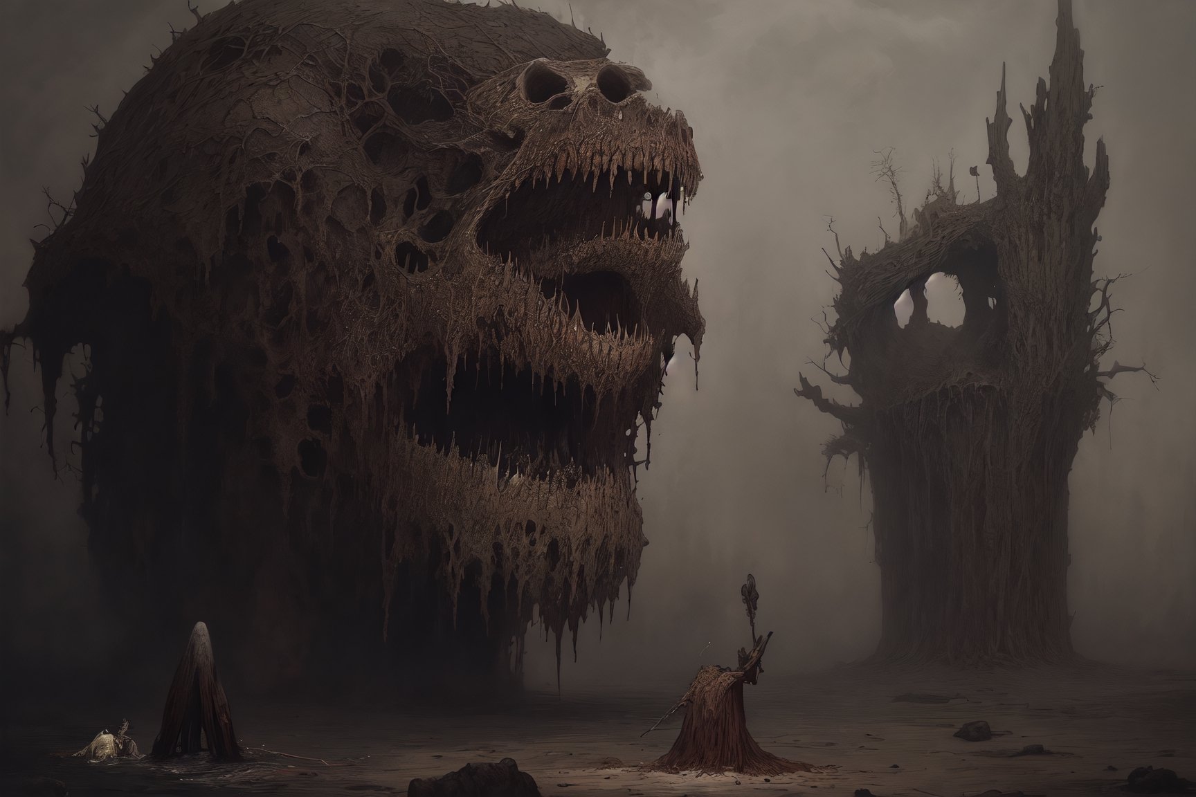 Painting made by Zdzislaw Beksinski, david and goliath, hollow one, masterpiece, megalophobia, acid trip, unsettling feel, oil painting on hardboard, sepia colors, fear of unknown