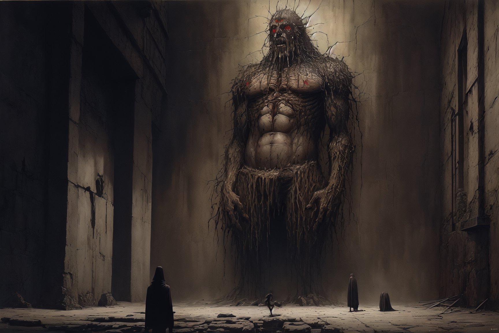 Painting made by Zdzislaw Beksinski, david and goliath, man in the wall, masterpiece, megalophobia, acid trip, unsettling feel, oil painting on hardboard, sepia colors, fear of unknown