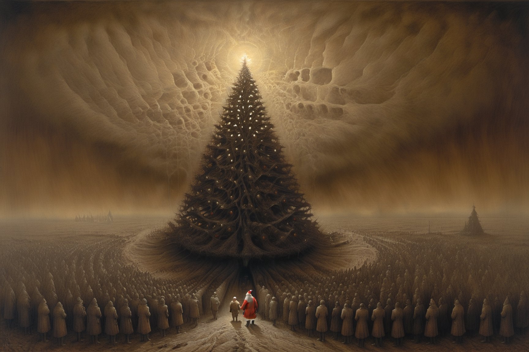 Painting made by Zdzislaw Beksinski, christmas tree, christmas eve,eldritch santa claus, landspace, masterpiece, megalophobia, acid trip, unsettling feel, oil painting on hardboard, saturated sepia colors, photorealistic, Beksinski,more detail XL,art by sargent