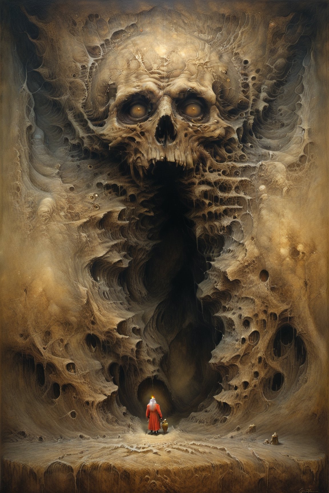 Painting made by Zdzislaw Beksinski, gift from hollow one, christmas, eldritch santa claus, landspace, masterpiece, megalophobia, acid trip, unsettling feel, oil painting on hardboard, saturated sepia colors, photorealistic, Beksinski,more detail XL,art by sargent,cinematic  moviemaker style