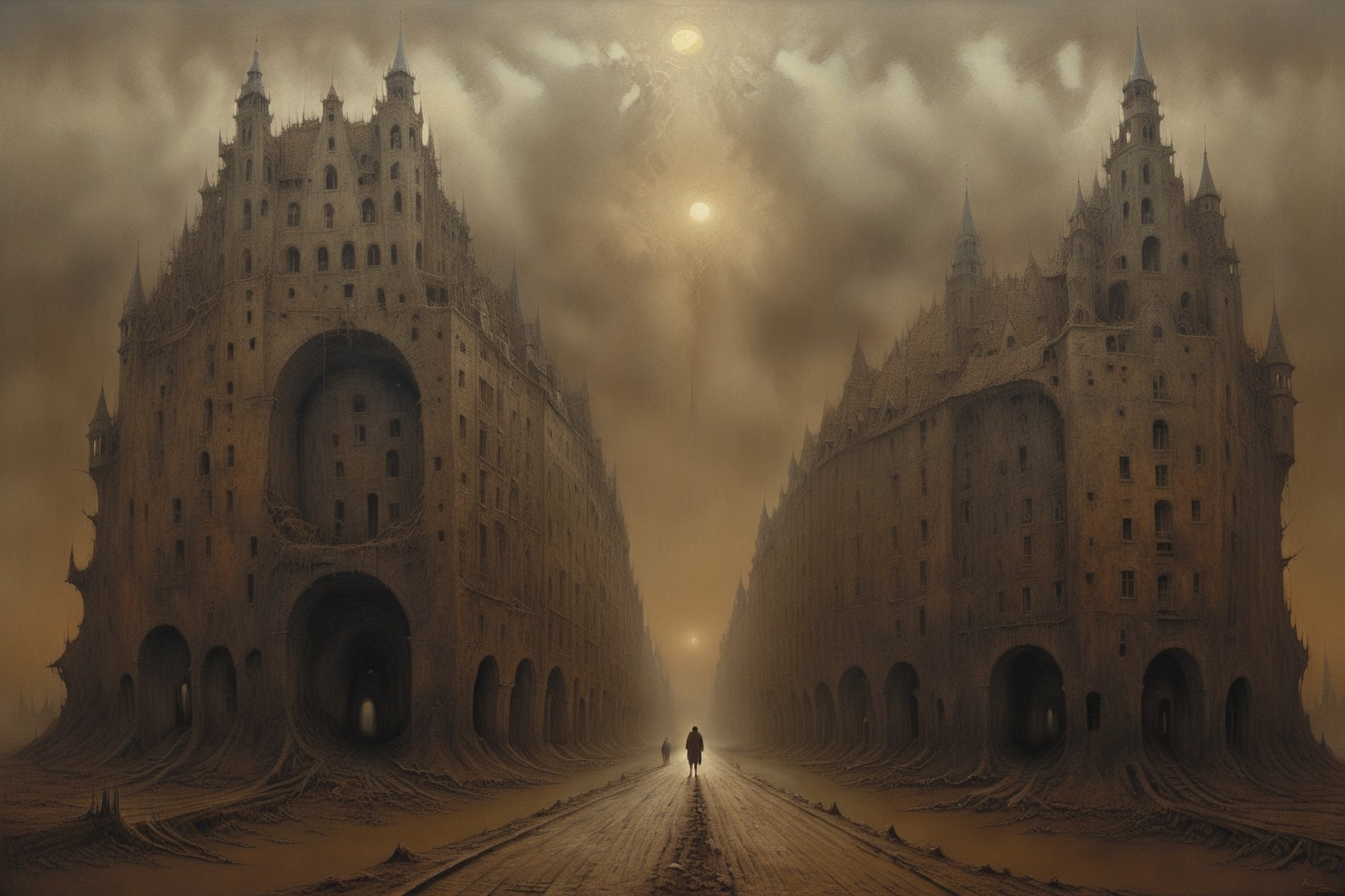 Painting made by Zdzislaw Beksinski, depressing view, victorian city, landspace, masterpiece, megalophobia, acid trip, unsettling feel, oil painting on hardboard, saturated sepia colors, photorealistic, Beksinski,more detail XL,art by sargent