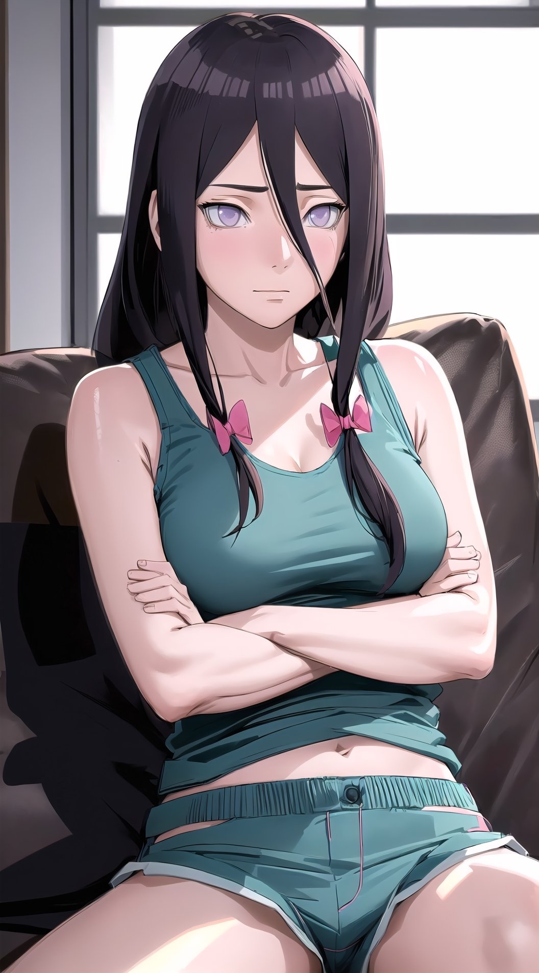 masterpiece, best quality, anime, ( 1girl, long hair, looking down), (crossed arms, tank top, dolphin shorts, office, spread legs), vivid colors, highres, (oiled skin),   intricate iris,
indoor , (hyuuga hanabi), (mature face),  (low tied long hair, hair bow, sitting on sofa),