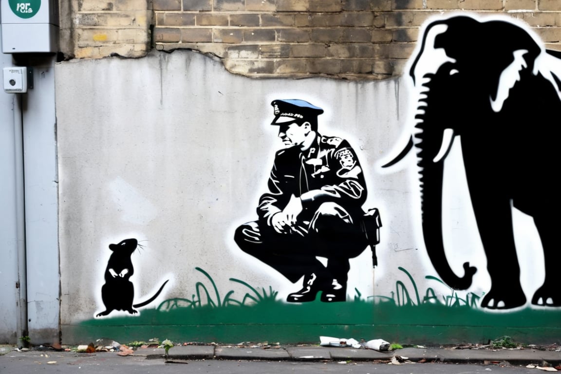 A stencil graffiti artwork by Banksy, featuring a england policeman in custodian helmet sitting and looking at small rat while elephant standing behind him,  set against a gritty city wall.