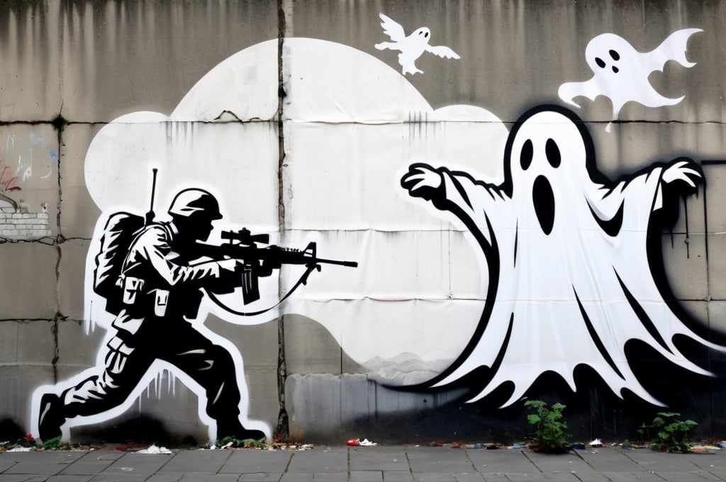 A stencil graffiti artwork by Banksy, featuring a soldier in urban camouflage aiming a rifle at a cartoonish ghost made of white sheet of cloth, set against a gritty city wall. Soldier and ghost depicted at opposing sides of the wall.