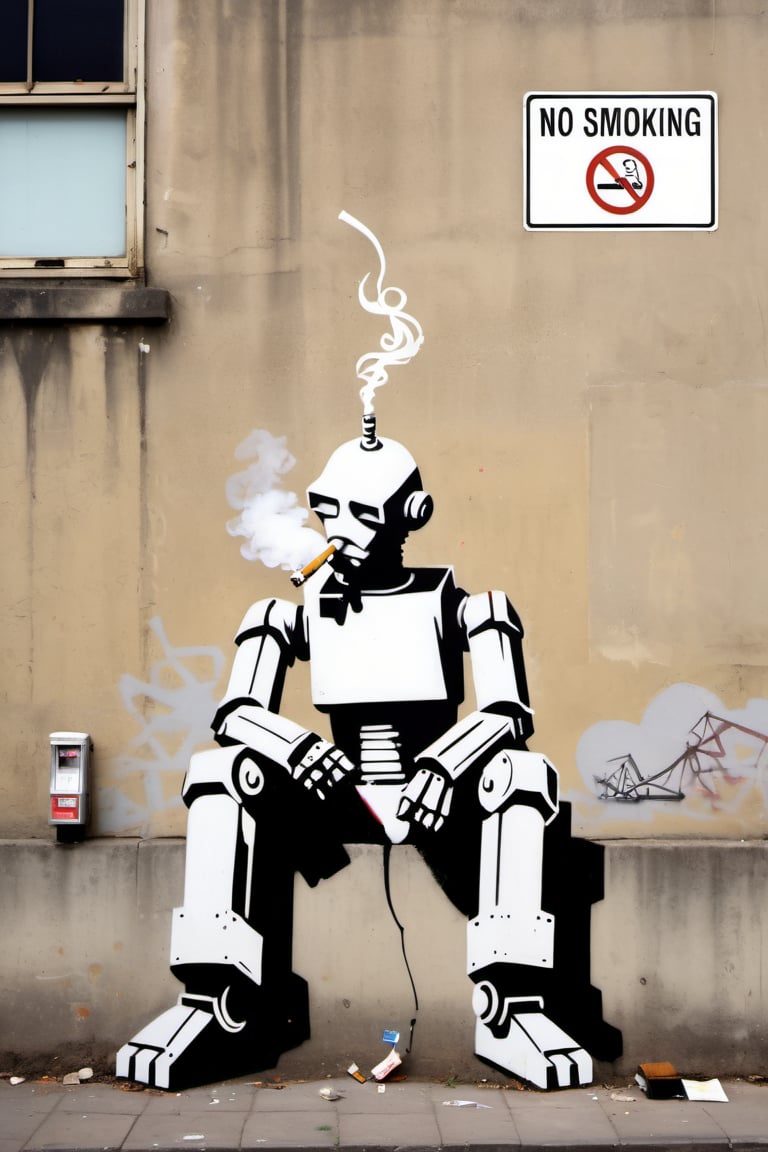 stencil graffiti artwork by Banksy, featuring tired sitting robot that smoking cigarette under no smoking sign, set against a gritty city wall.