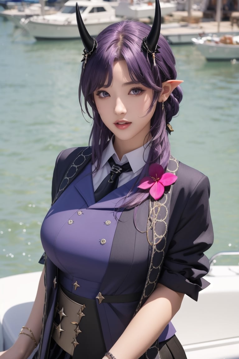 masterpiece, best quality,aahibis, long hair, purple hair, braid, pointy ears, horns, black necktie, purple shirt, black jacket, open clothes, pink flower, long sleeves, bracelet, black gloves, half gloves, black skirt, black pantyhose,boat import background,(perfect hands, perfect anatomy), ( shiny oil skin:0.9), curved body, dynamic sexy pose, sexy body, (gigantic breast:0.9), 9 head length body, looking at viewer, upper_body ,More Detail,from_above,aachiya,aahibis