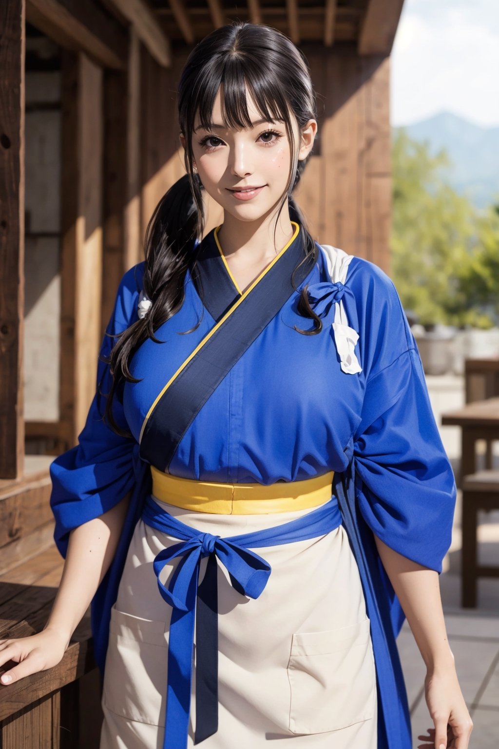 masterpiece, best quality, highres, aatakina, long hair, twintails, black hair, breasts, japanese clothes, (blue kimono:1.2), tasuki, long sleeves, sash, (brown apron:1.2), , hand on hip, smile, outdoors,aatakina,  (perfect hands, perfect anatomy), ( shiny oil skin:1.2), curved body, dynamic sexy pose, sexy body, (gigantic breast:0.9), 9 head length body, looking at viewer, cowboy shot, male_pov