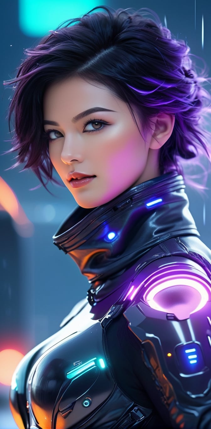 photorealistic, masterpiece, futuristic black tactical suit, special operation agent, beautiful, beautiful dark green eyes, short wave dark purple hair, ((background strong wind blizzard futuristic outpost antarctica)), ((night)), juicy lips, ((various futuristic high tech gadgets)), futuristic high tech gun , off shoulder, crop top, half body,smile, (oil shiny skin:1.0), (big_boobs:1.6), willowy, chiseled, (hunky:1.4),(( body rotation -35 degree)), (upper body:0.8),(perfect anatomy, prefecthand, dress, long fingers, 4 fingers, 1 thumb), 9 head body lenth, dynamic sexy pose, breast apart, (artistic pose of awoman),DonMF41ryW1ng5XL,neotech,NIJI STYLE,Blue Backlight ,photo r3al,cinematic_warm_color,glowing,Leonardo Style,bl1ndm5k,xxmix_girl,scifi,neon style