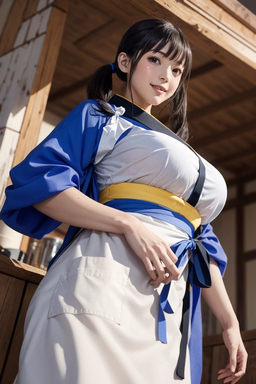 masterpiece, best quality, highres, aatakina, long hair, twintails, black hair, breasts, japanese clothes, (blue kimono:1.2), tasuki, long sleeves, sash, (brown apron:1.2), , hand on hip, smile, outdoors,aatakina,  (perfect hands, perfect anatomy), ( shiny oil skin:1.2), curved body, dynamic sexy pose, sexy body, (gigantic breast:1.2), 9 head length body, looking at viewer, cowboy shot, (from below:1.3),