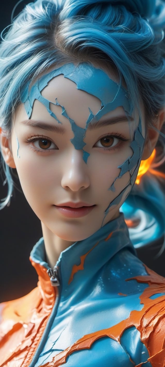 a close up of a person's face on a cracked surface, inspired by Alberto Seveso, featured on zbrush central, orange fire/blue ice duality!, portrait of an android, fractal human silhouette, red realistic 3 d render, blue and orange, subject made of cracked clay, woman, made of lava, smile,(oil shiny skin:1.0), (big_boobs:1.0), willowy, chiseled, (hunky:1.3),(( body rotation -90 degree)), (upper body:1.6),(perfect anatomy, prefecthand, dress, long fingers, 4 fingers, 1 thumb), 9 head body lenth, dynamic sexy pose, breast apart, (artistic pose of awoman),NIJI STYLE,more detail XL,photo r3al,xxmix_girl, fire element,glass shiny style,chrometech,surface imperfections,DonMFr0stP4nkXL,ice,draco_fantasy,snow,frost,1 girl,BrokenIR,mad-marbled-paper,minimalist hologram,LuminescentCL,glow,dripping paint,abstact