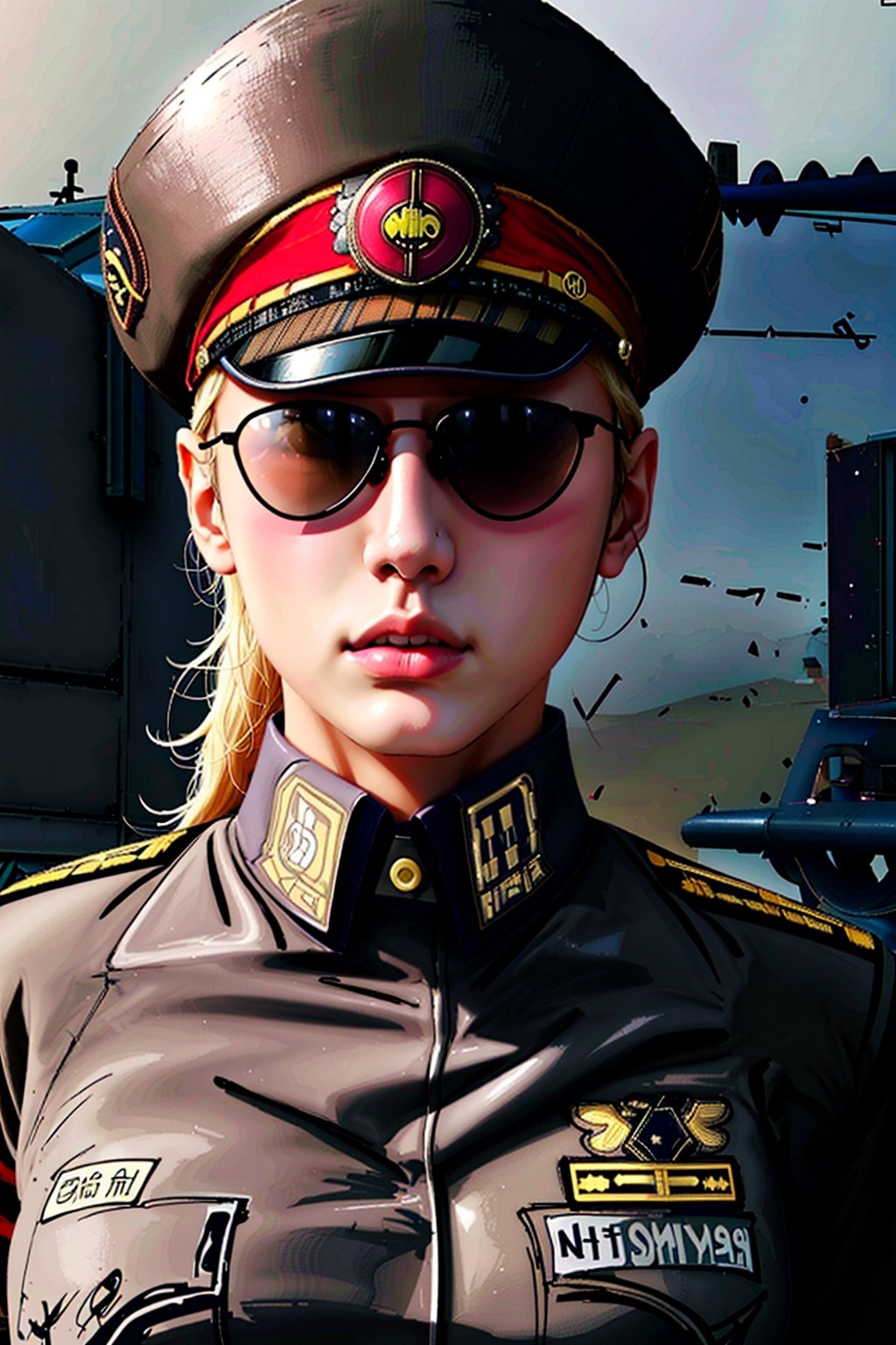 (dominoop:1.2), (women, blonde_hair, glasses, uniform, hat), portrait, epic realistic, 8k, best quality, real picture, intricate details, ultra-detailed, ultra highres, depth field,(photorealistic,realistic:1.2),masterpiece, , 1 girl, portrait of beautifull, solo, bare_arms, v-shaped_eyebrows, closed_mouth, serious, frown, sky, fighting_stance, volumetric lighting, best quality, masterpiece, intricate details , tonemapping, faded, (neutral colors:1.2), (hdr:1.4), (muted colors:1.2), hyperdetailed, (artstation:1.4), cinematic, warm lights, dramatic light, (intricate details:1.1), complex background , (rutkowski:0.66), fishnet,(teal and orange:0.4),Domino, (shiny oil skin:1.0), big breast, (dynamic pose:1.5), dynamic view,dynamic pose, warship, ocean, bow, sun, cloud_scape,Unique Masterpiece, imperial elder sister, (Military uniform: 1.8), ,r1ge,wetshirt