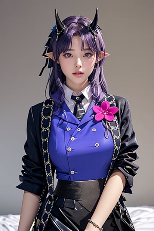 masterpiece, best quality,aahibis, long hair, purple hair, braid, pointy ears, horns, black necktie, purple shirt, black jacket, open clothes, pink flower, long sleeves, bracelet, black gloves, half gloves, black skirt, black pantyhose,(perfect hands, perfect anatomy), ( shiny oil skin:0.9), curved body, dynamic sexy pose, sexy body, (gigantic breast:0.9), 9 head length body, looking at viewer, upper_body ,More Detail,male_pov,aachiya,aahibis