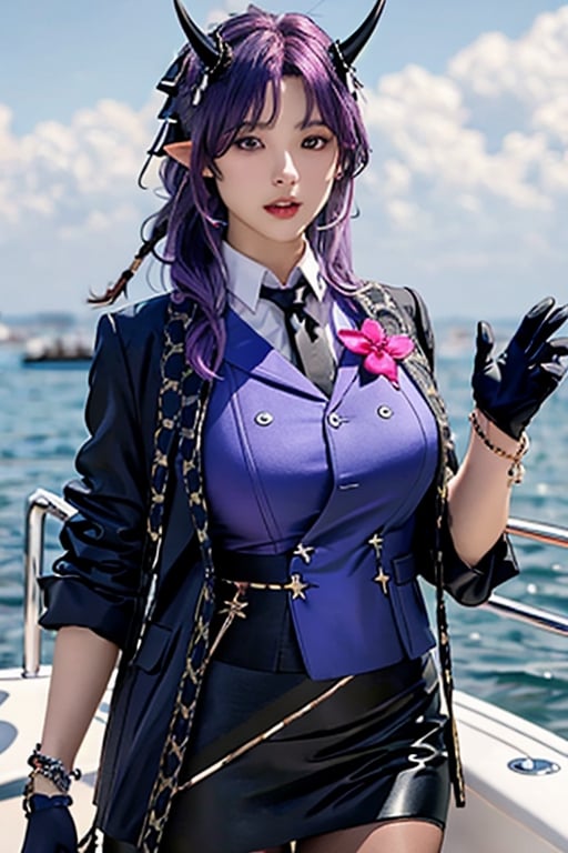 masterpiece, best quality,aahibis, long hair, purple hair, braid, pointy ears, horns, black necktie, purple shirt, black jacket, open clothes, pink flower, long sleeves, bracelet, black gloves, half gloves, black skirt, black pantyhose,boat import background,(perfect hands, perfect anatomy), ( shiny oil skin:0.9), curved body, dynamic sexy pose, sexy body, (gigantic breast:0.9), 9 head length body, looking at viewer, upper_body ,More Detail,from_below,aachiya,aahibis