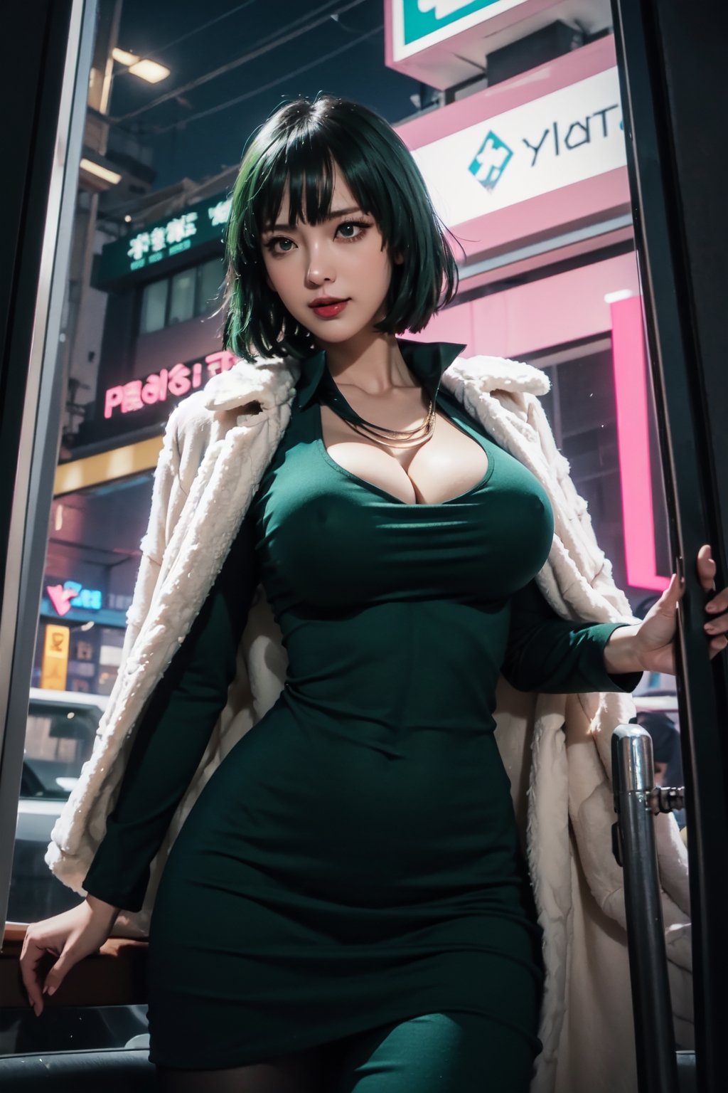(masterpiece, best quality:1.3), , ycowboy shot, solo, 1girl, fubuki, expressionless, green hair, taut clothes,White mink coat,fur coat, jewelry, necklace, gigantic_breast,(breasts cleavage:1.0), (bokeh:0.9), depth of field, wind powers, (Dynamic Positions1.6)floating, dark green tight dress, long_sleeves, high collar, curved body, sexy pose, alluring, erotic pose, kinky, close-fitting clothing, neck bone, at the city, midnight, cyberpunk scene, neon lights, wind vfx, splashes, green lightning, light particles, electric,(smile:0.9),more detail ,against glass