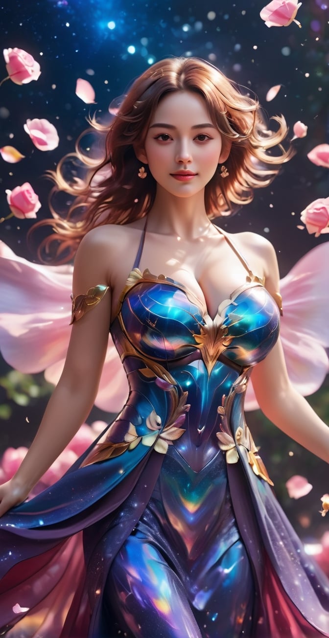 close up angle of (( floating on air)), ( rose petal) , detailed focus, deep bokeh, beautiful, dreamy colors, dark cosmic background. Visually delightful ,3D,more detail XL,dreamwave,More Detail,aesthetic,smile, (oil shiny skin:1.3), (big_boobs:3.2), willowy, chiseled, (hunky:3.5), body rotation -45 degree, (perfect anatomy, prefecthand, blue dress, long fingers, 4 fingers, 1 thumb), 9 head body lenth, dynamic sexy pose, breast apart, (cowbod shot:1.5), (artistic pose of awoman),