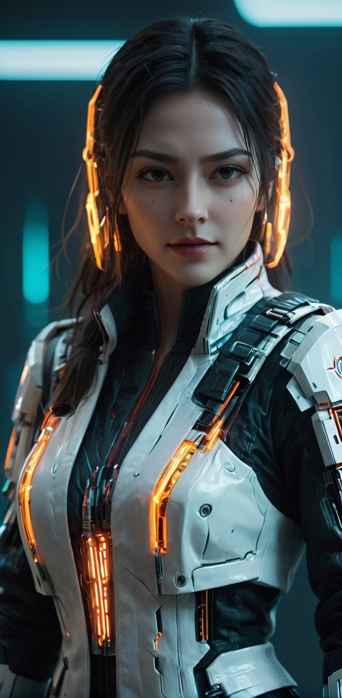 (medium shot ),1 girl,solo,Assassins Creed fusion cyber samurai, neon, flaming weapon, cinematic lightings, realistic shadows, high resolution, 4K, high definition, beautiful teeth, natural skin, cyberpunk style, flame thrower rifle, perfect face, flawless face, eyes focusing on Viewer, intricate suit details, white and orange fashion scheme, transparent clothing materials, bioluminescent circuitry,smile, (oil shiny skin:1.3), (huge_boobs:2.7), willowy, chiseled, (hunky:2.5), body turn -46 degree, (perfect anatomy, prefecthand, dress, long fingers, 4 fingers, 1 thumb), 9 head body lenth, dynamic sexy pose, breast apart, ((medium shot )), (artistic pose of a woman),DonMCyb3rSp4c3XL,Cyberpunk Doctor,DonMCyb3rN3cr0XL 