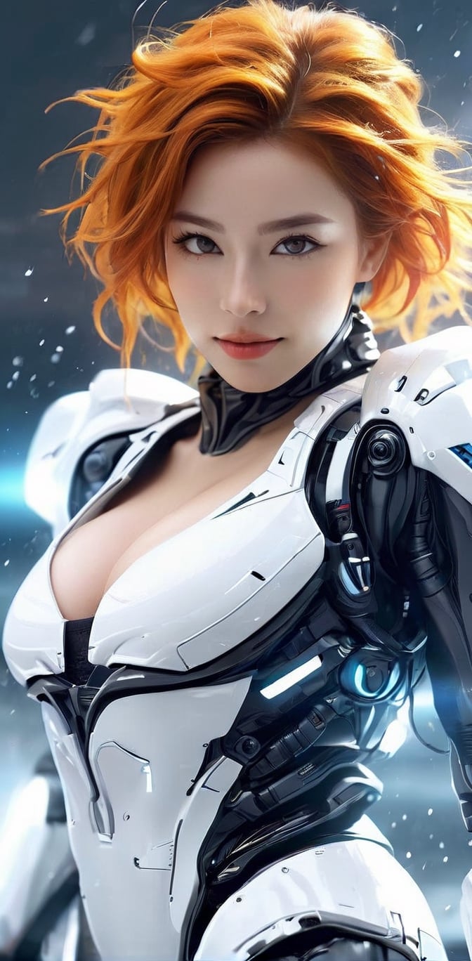 scifi, glowing, neotech, scholar , , photorealistic, masterpiece, futuristic white and yellow tactical suit, special operation agent, beautiful, beautiful dark blue eyes, wave orange hair, ((background strong wind blizzard futuristic outpost antarctica)), juicy lips, ((various futuristic high tech gadgets)), futuristic high tech gun, happy friendly flirty,medium shot, indoor of cyberpunk_background, , hyper detailed,neotech ,smile, (oil shiny skin:1.0), (big_boobs:2.6), willowy, chiseled, (hunky:2.4),(( body rotation -35 degree)), (upper body:0.8),(perfect anatomy, prefecthand, dress, long fingers, 4 fingers, 1 thumb), 9 head body lenth, dynamic sexy pose, breast apart, (artistic pose of awoman),DonMF41ryW1ng5XL,neotech,NIJI STYLE,Blue Backlight ,photo r3al,cinematic_warm_color,glowing,xxmix_girl
