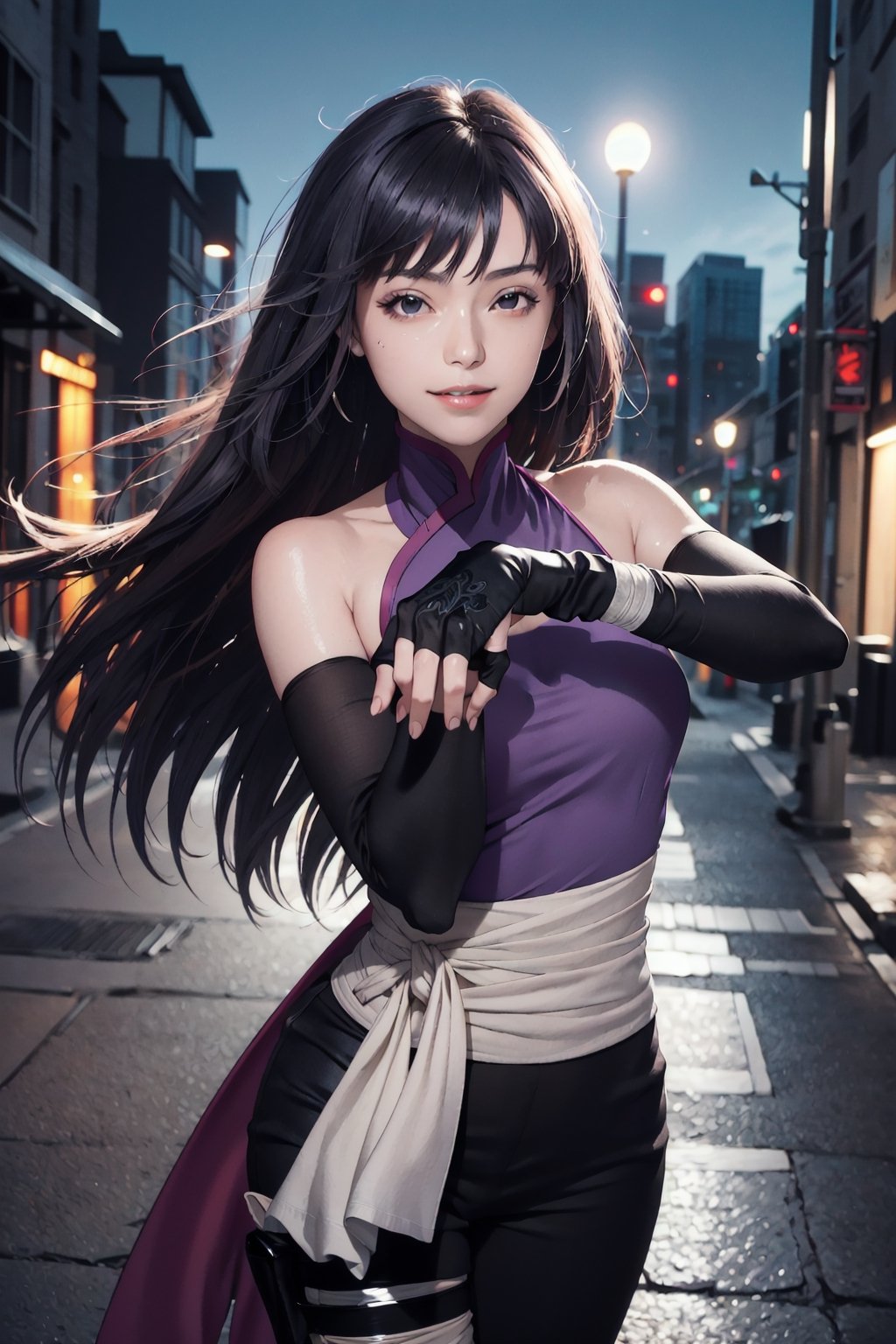 (best quality), (highly detailed), masterpiece, (official art),sumire kakei, smile, long hair, ninja, elbow gloves, bandages, black pants, looking at viewer, city, night, sky, (intricately detailed, hyperdetailed), blurry background,depth of field, best quality, masterpiece, intricate details, tonemapping, sharp focus, hyper detailed, trending on Artstation,1 girl, high res, official art,(shiny oil skin:1.2),dynamic poses,dynamic views,