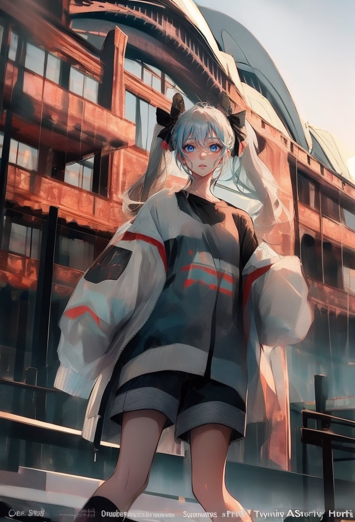 (Opera House sydney:1.4),

1girl, solo, long hair, looking at viewer, shirt, long sleeves, bow, holding, twintails, closed mouth, jacket, hair bow, grey hair, shoes, shorts, socks, open jacket, sleeves past wrists, grey eyes, black shirt, , white jacket, ,cinematic, 

((Opera House background:1.2)