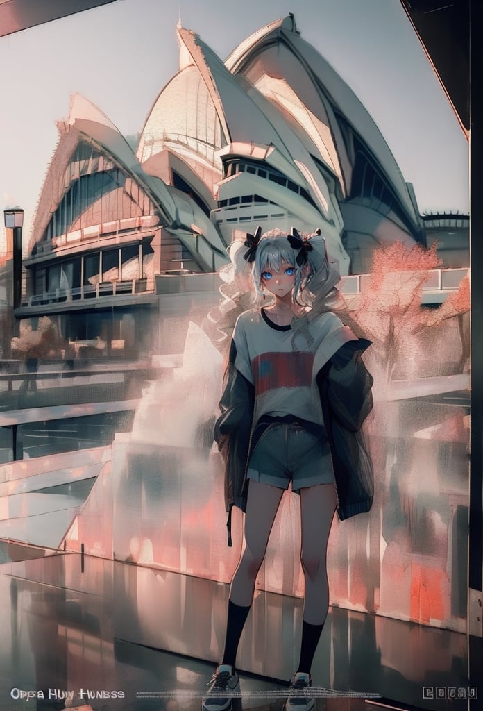 (Opera House sydney:1.4),

1girl, solo, long hair, looking at viewer, shirt, long sleeves, bow, holding, twintails, closed mouth, jacket, hair bow, grey hair, shoes, shorts, socks, open jacket, sleeves past wrists, grey eyes, black shirt, , white jacket, ,cinematic, 

((Opera House background:1.2)