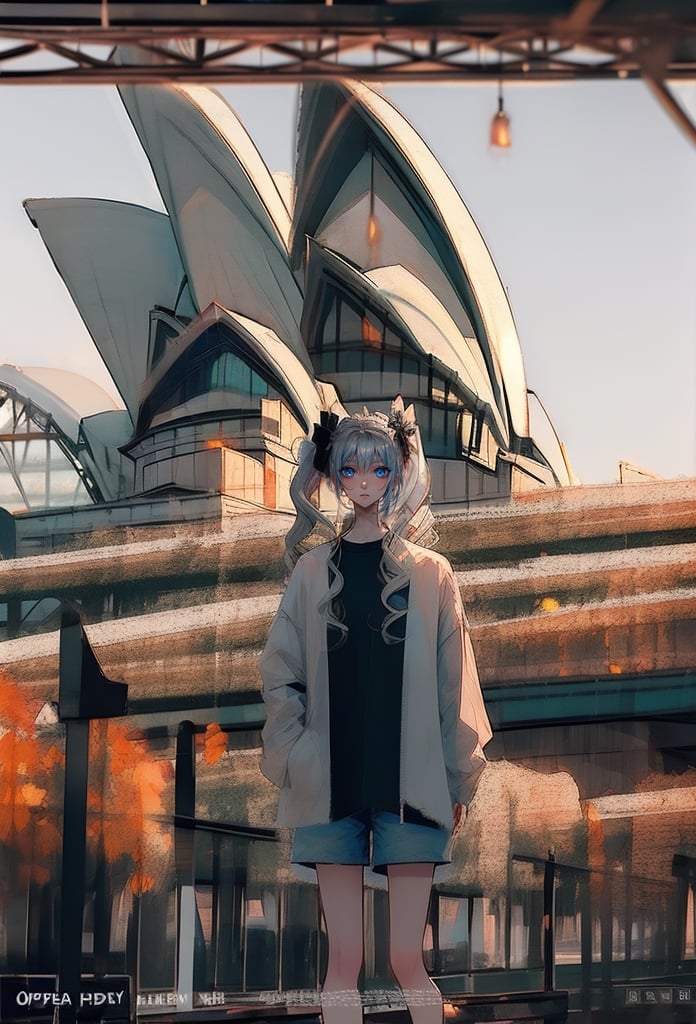 (Opera House sydney:1.4),

1girl, solo, long hair, looking at viewer, shirt, long sleeves, bow, holding, twintails, closed mouth, jacket, hair bow, grey hair, shoes, shorts, socks, open jacket, sleeves past wrists, grey eyes, black shirt, , white jacket, ,cinematic, 

((Opera House background:1.2)