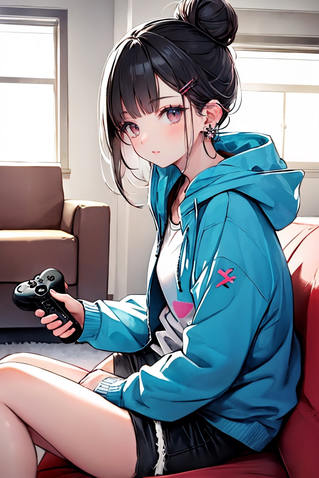 (masterpiece),,(best quality), High detailed ,masterpiece, 

1girl, solo, looking at viewer, blush, short hair, black hair, hair ornament, long sleeves, brown eyes, jewelry, sitting, closed mouth, jacket, earrings, shorts, hairclip, indoors, hood, hair bun, from side, looking to the side, pillow, window, x hair ornament, couch, controller, game controller