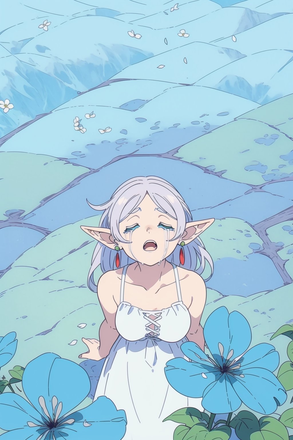 8k, ultra sharp, masterpiece, best quality, aesthetic, Glamour, High quality, Masterpiece, Best quality, HD, Extremely detailed, voluminetric lighting,
((cloused eyes, sad:0.9))

barefoot. Japanese forest full of blue flowers , (lying on her back on the flowers blue:1.2),(point of view from above:1.8), Blue morning glory flowers, 

 petals falling and flying around her, Sunny with shade, in the morning.

 High resolution, good detail, bright colors. ,illustration,fcloseup,portrait,rgbcolor,

grey_hair, loose hair, elf, pointy_ears, long hair, green_eyes, small_breasts, white_dress, simple strap dress, (small breasts:.9), (red_earrings:1.2), showing shoulders, 
,Frieren,CryingAsagiriAya, closed eyes